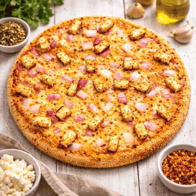 Onion & Paneer Pizza available at Aaron Spectra through DeskDrop
